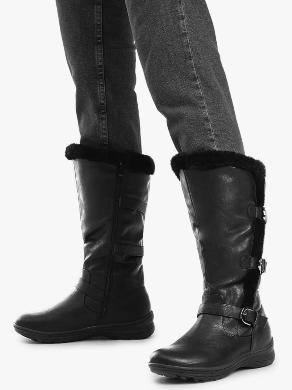 Black Faux-Fur Trim Mid-Calf Winter Boots - Women 8
